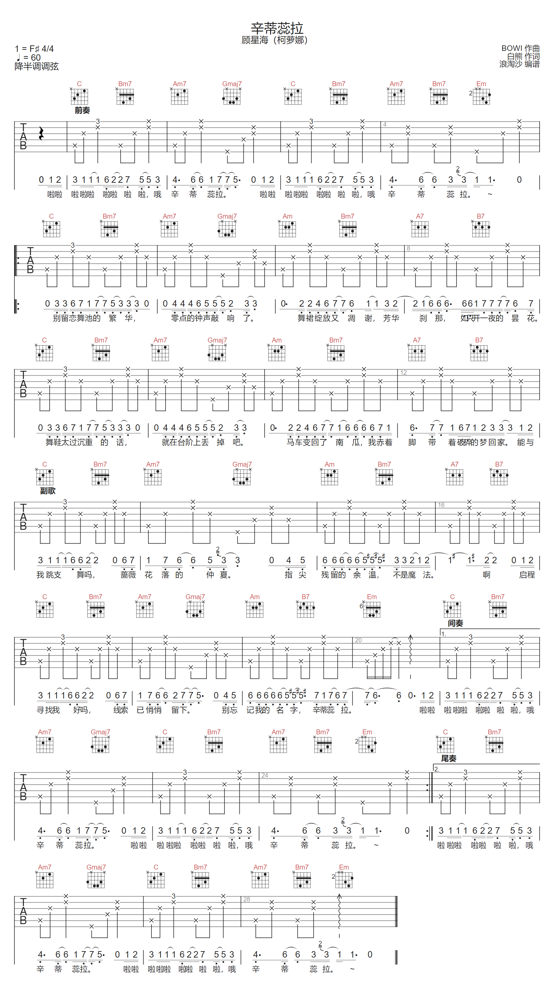 顾星海(柯萝娜)《辛蒂蕊拉》吉他谱_G调指法