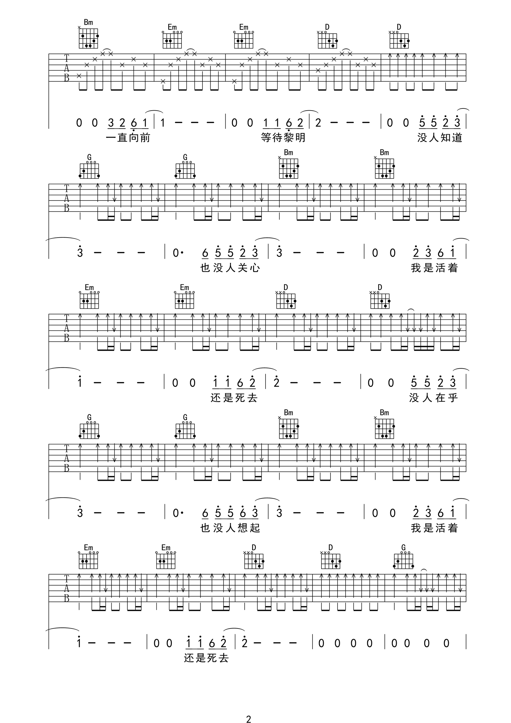 张闯《黑色公路》吉他谱_G调指法扫弦版