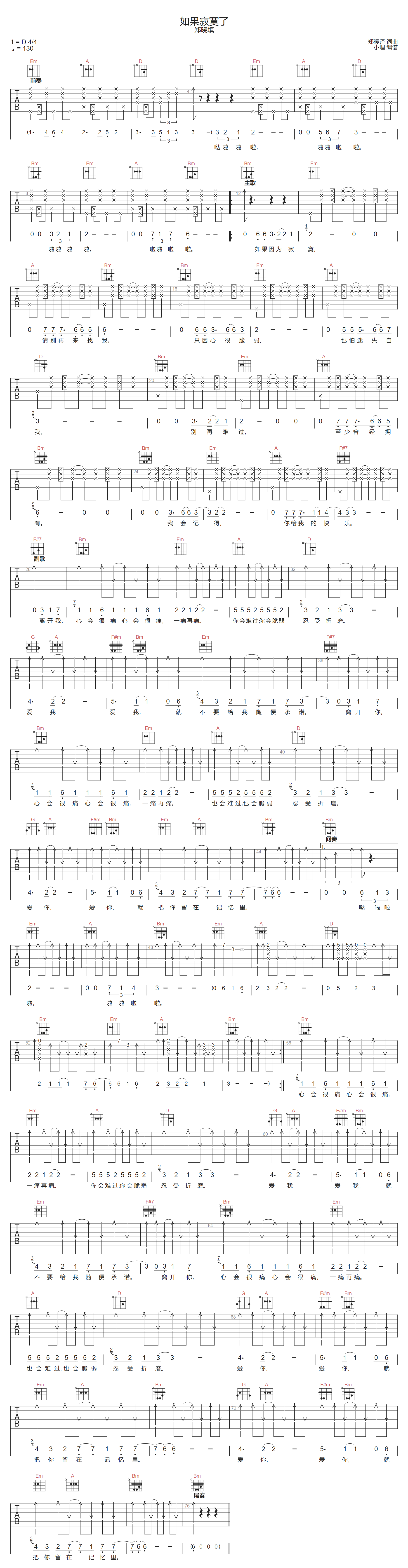 郑晓填《如果寂寞了》吉他谱_D调指法拍弦版 郑晓填《如果寂寞了》吉他谱_D调指法拍弦版