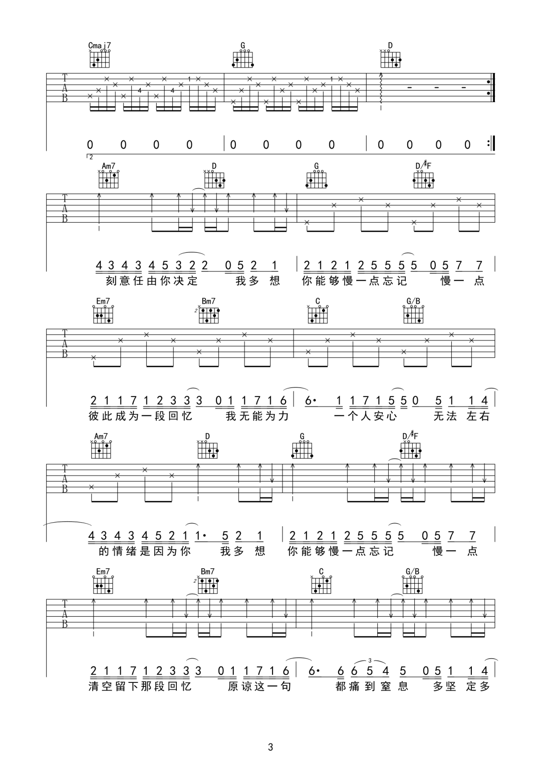 (烟)许佳豪《慢一点忘记》吉他谱_G调原版弹唱谱