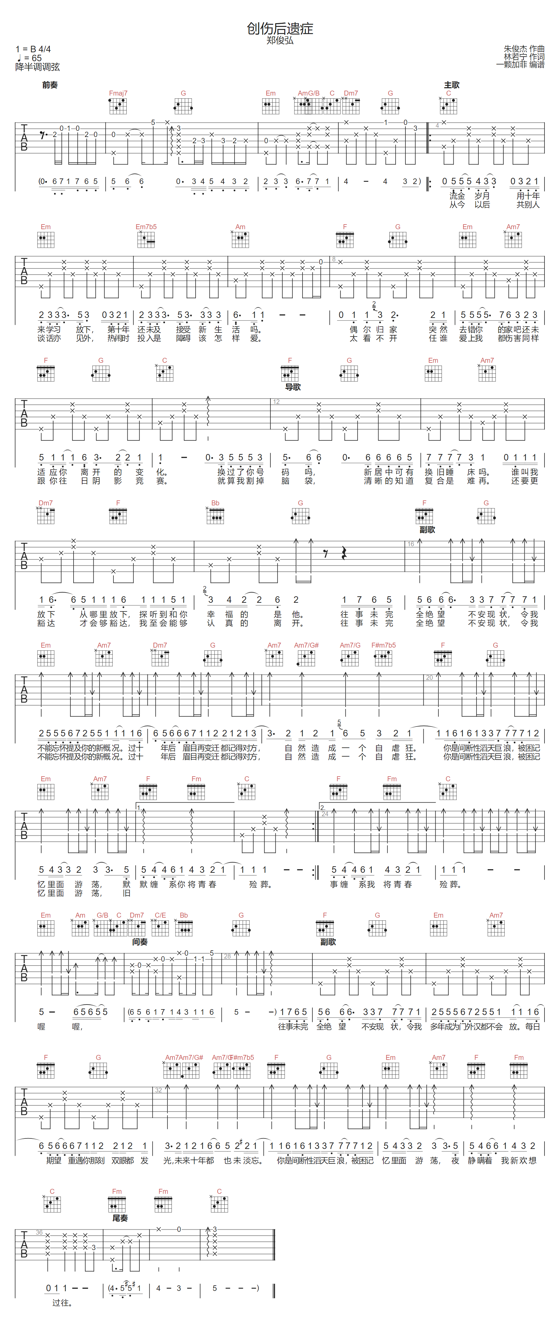 郑俊弘《创伤后遗症》吉他谱_C调指法原版弹唱谱