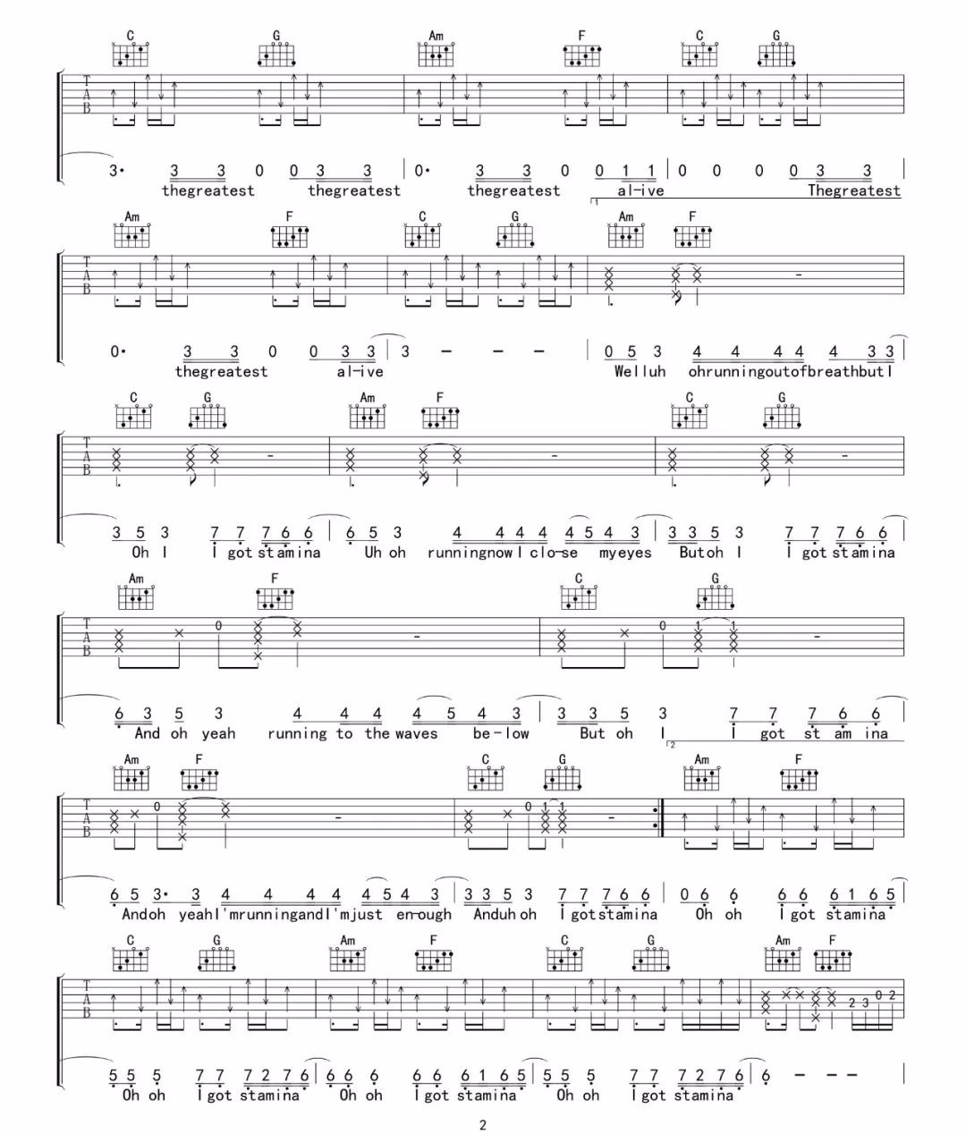 Sia《The Greatest》吉他谱_C调指法原版弹唱谱