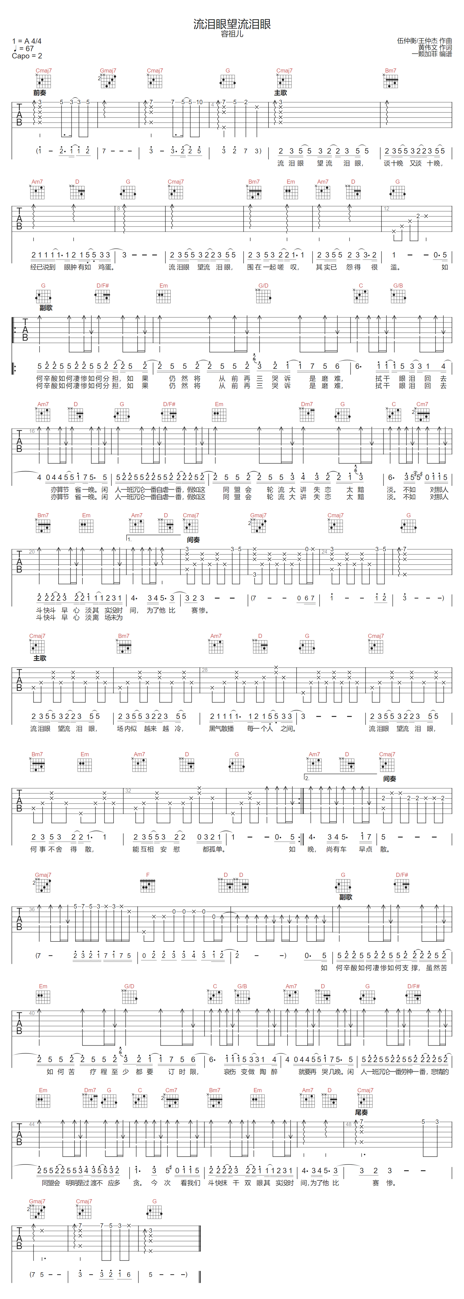 容祖儿《流泪眼望流泪眼》吉他谱_G调原版弹唱谱 容祖儿《流泪眼望流泪眼》吉他谱_G调原版弹唱谱