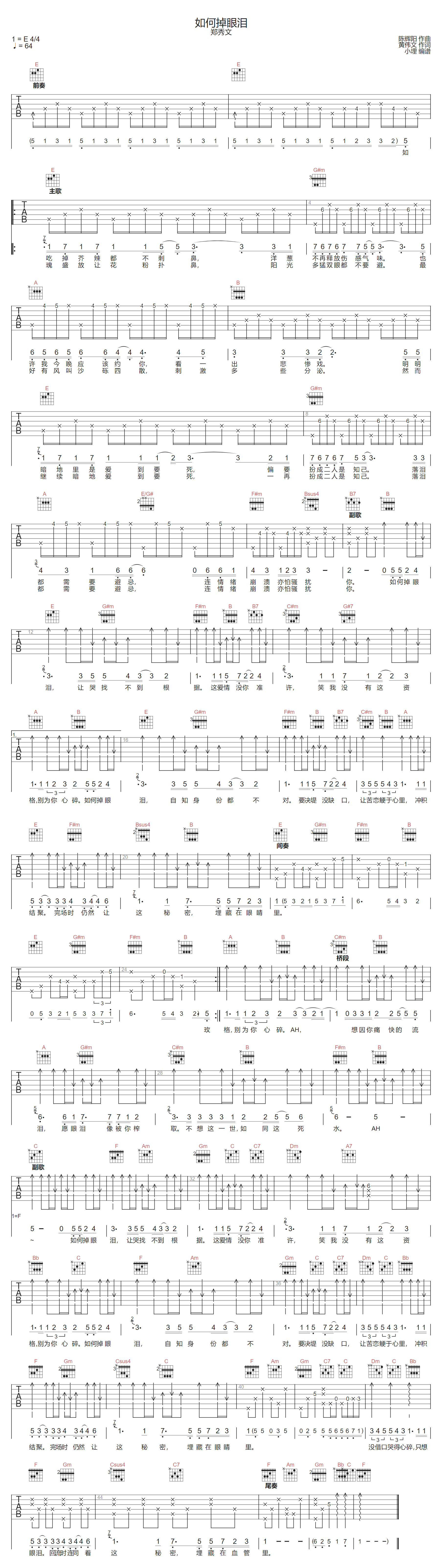 郑秀文《如何掉眼泪》吉他谱_E调原版弹唱谱