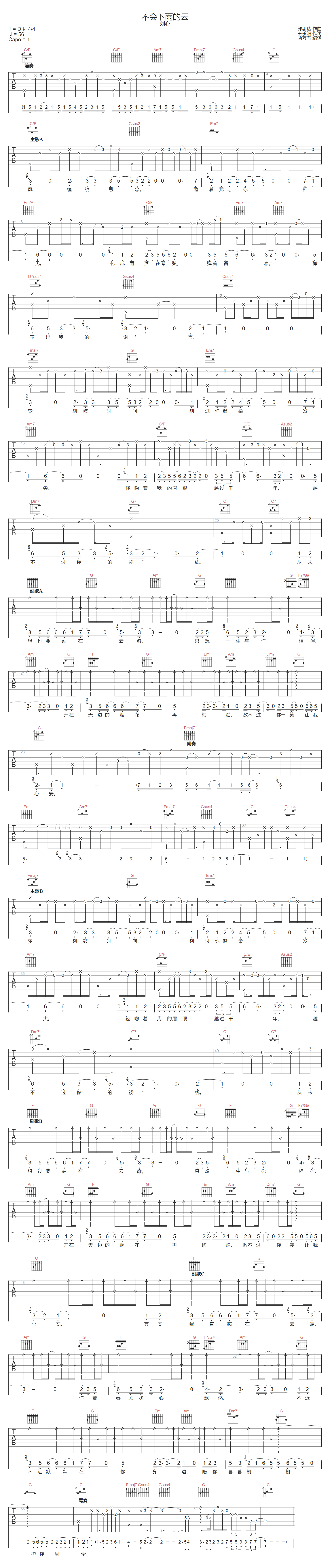 刘心《不会下雨的云》吉他谱_C调指法原版弹唱谱