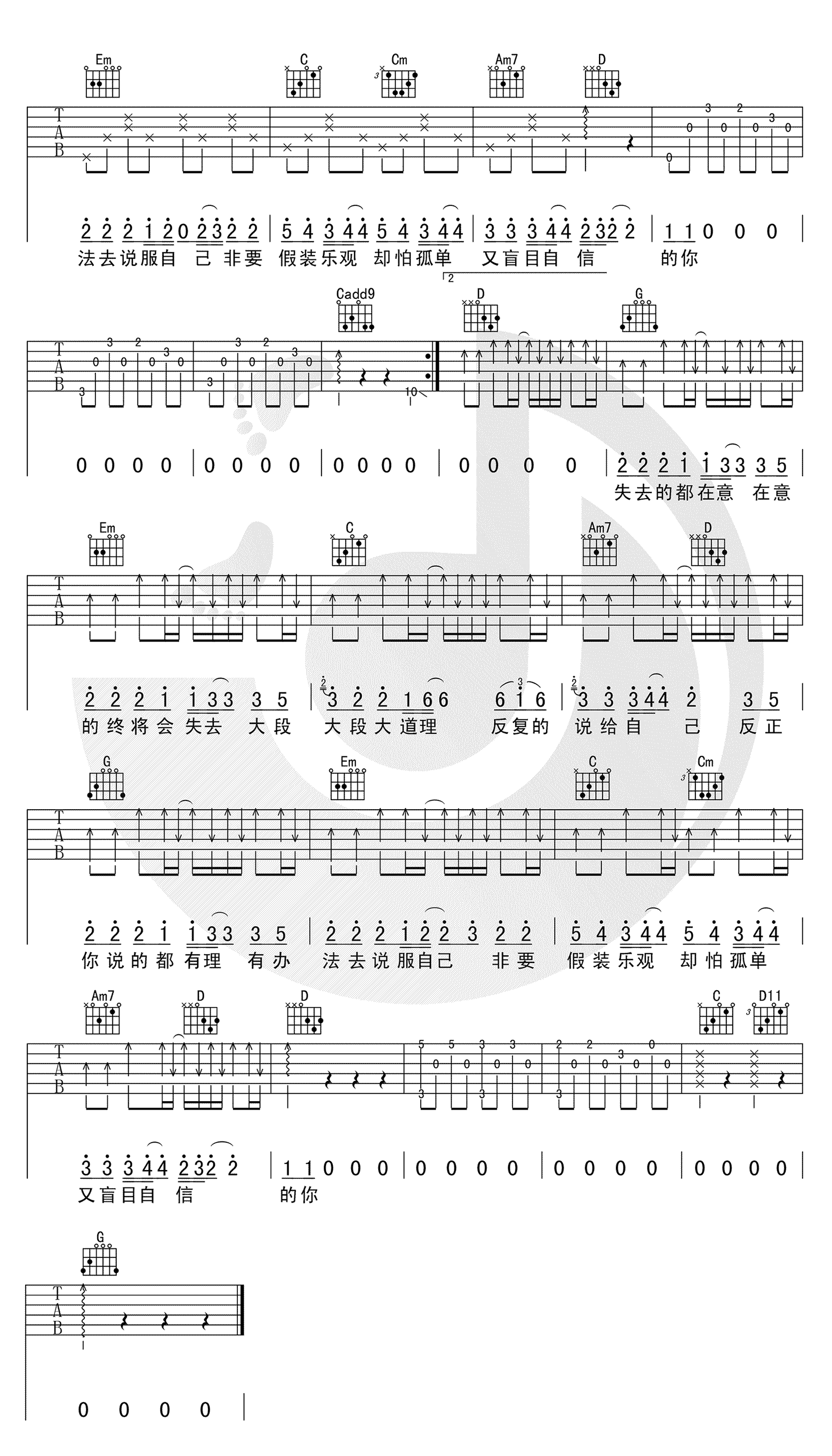 郁可唯《盲目自信》吉他谱_G调指法原版弹唱谱