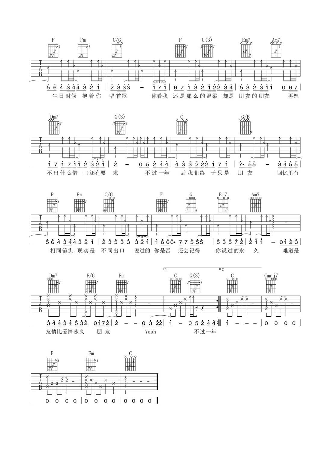 周笔畅《一周年》吉他谱_C调指法原版弹唱谱 周笔畅《一周年》吉他谱_C调指法原版弹唱谱