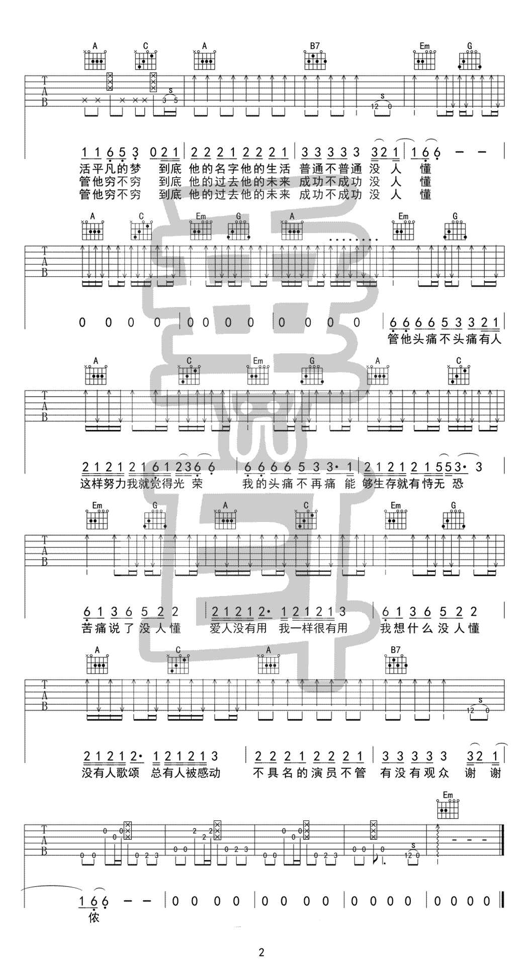 陈奕迅《谢谢侬》吉他谱_G调拍弦版弹唱谱