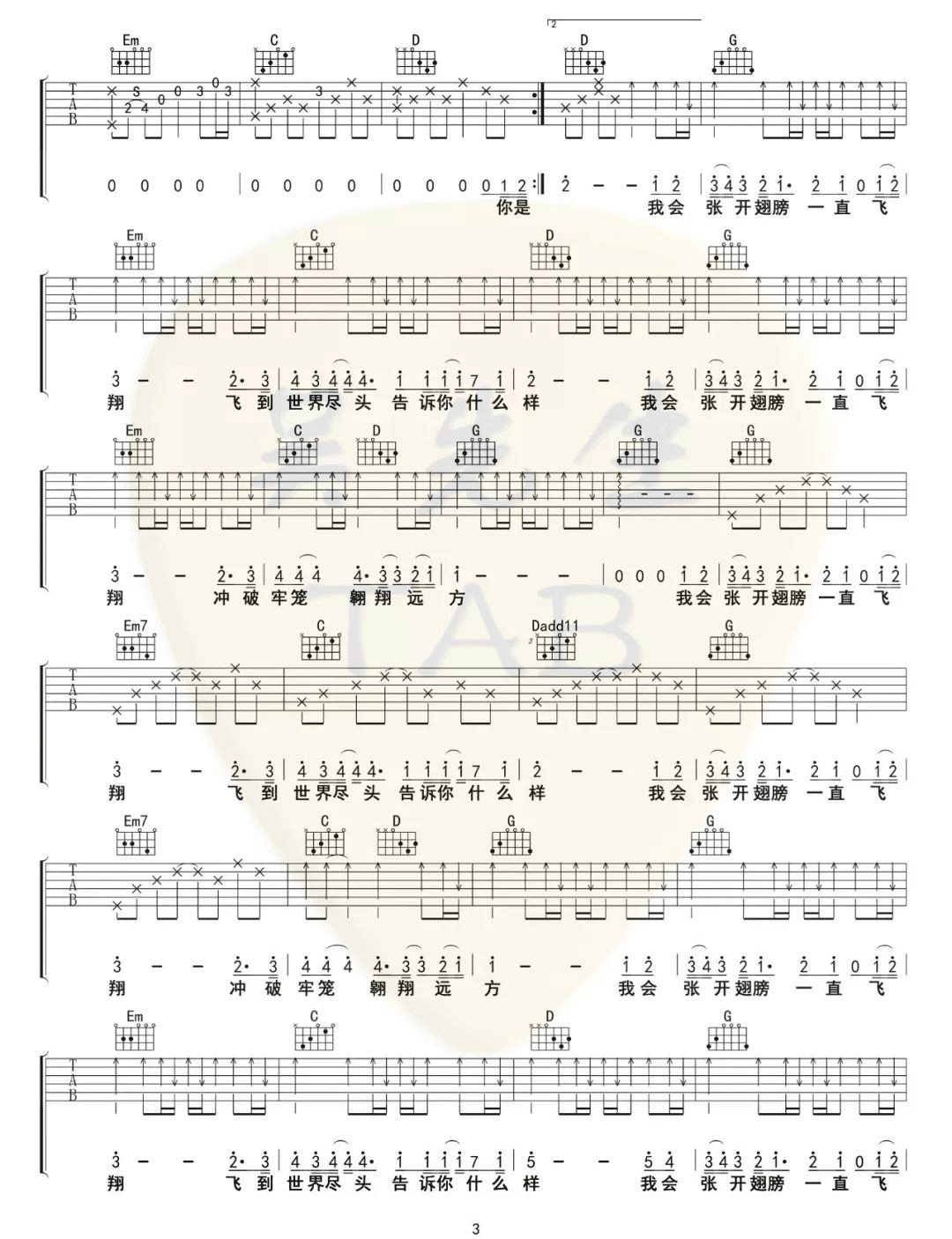 海先生《飞翔》吉他谱_G调指法原版弹唱谱