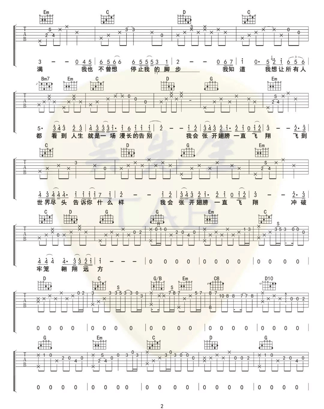 海先生《飞翔》吉他谱_G调指法原版弹唱谱