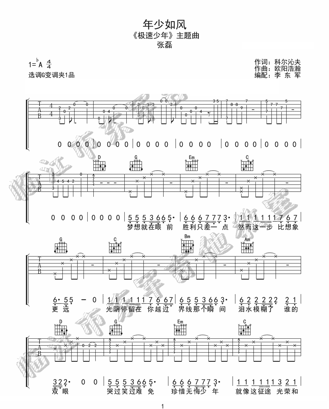张磊《年少如风》吉他谱_G调指法原版弹唱谱