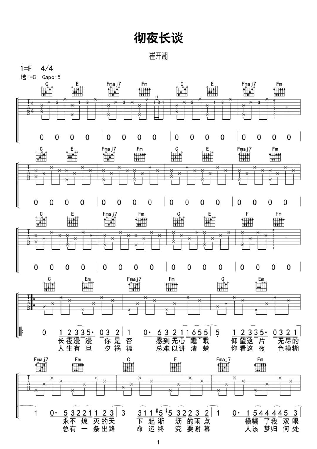 崔开潮《彻夜长谈》吉他谱_C调指法原版弹唱谱 崔开潮《彻夜长谈》吉他谱_C调指法原版弹唱谱