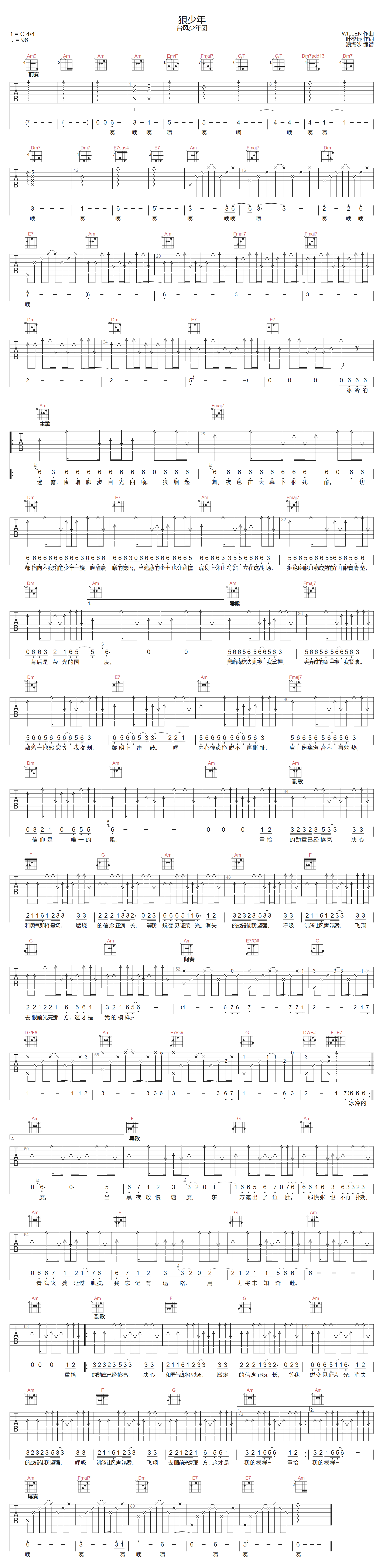 台风少年团《狼少年》吉他谱_C调指法扫弦版