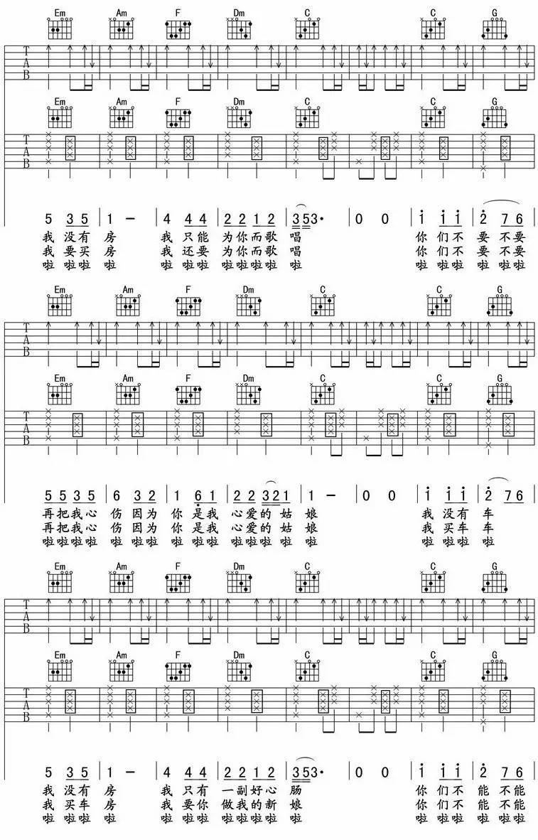 孙辉《没有车没有房》吉他谱_C调指法拍弦版