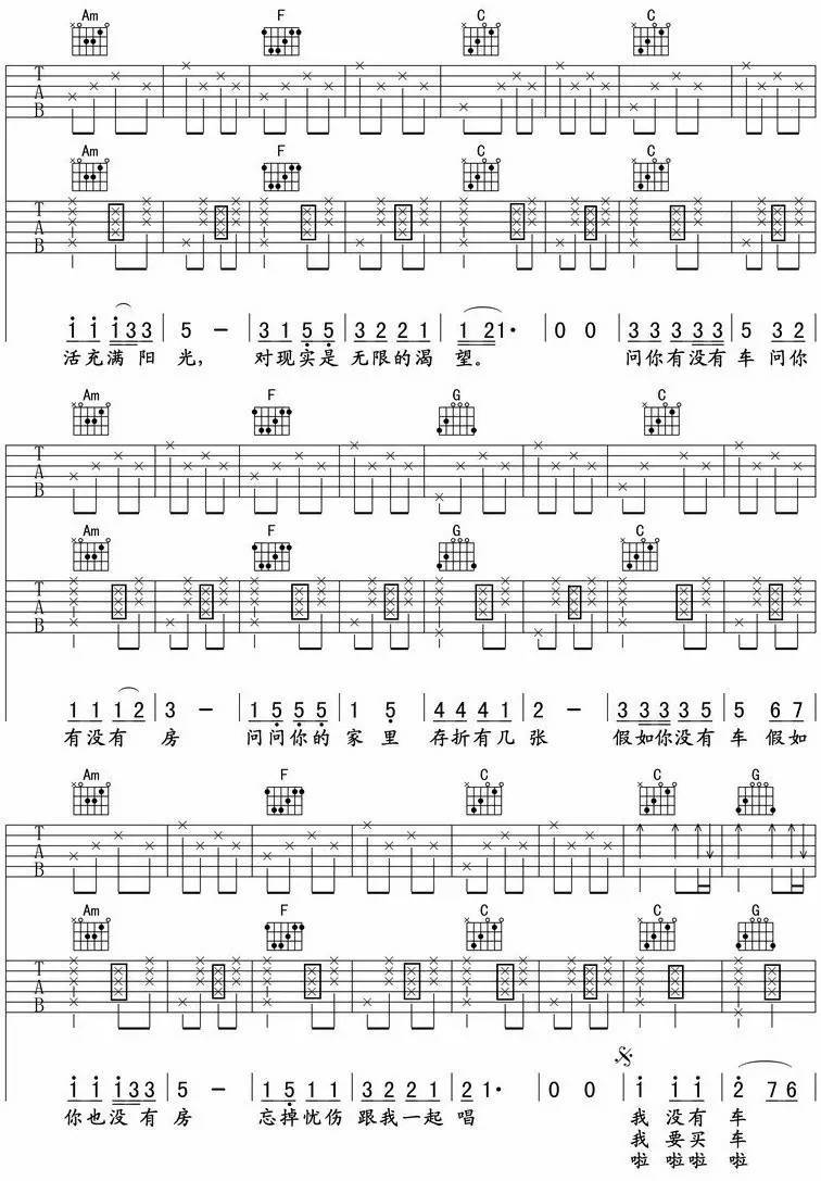 孙辉《没有车没有房》吉他谱_C调指法拍弦版