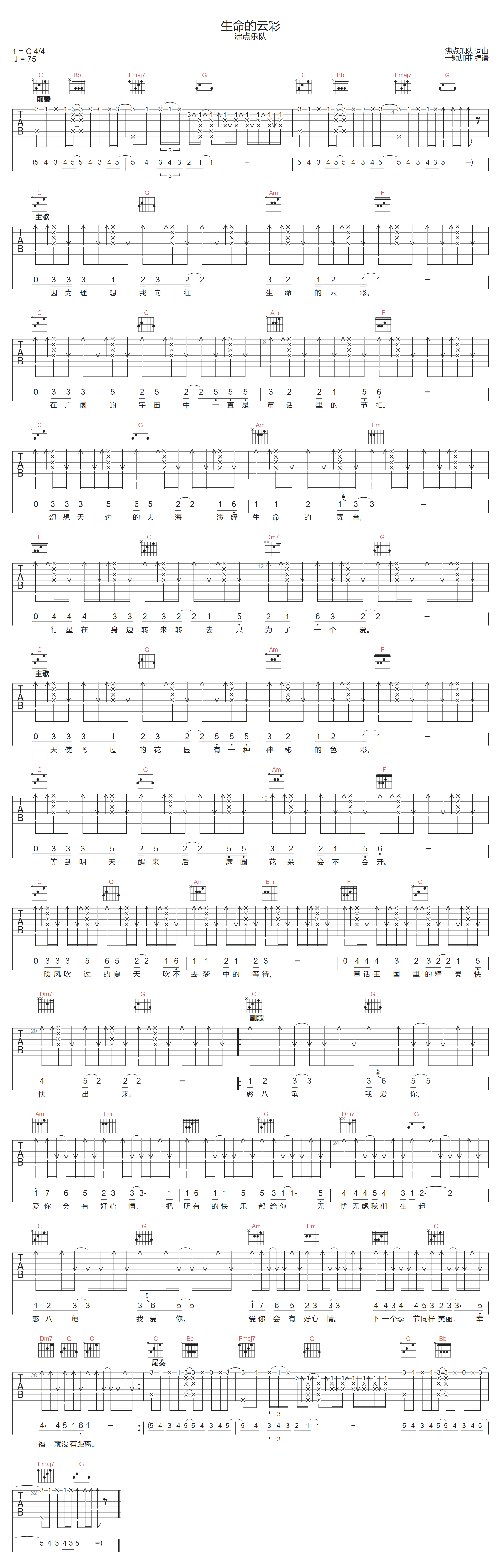 沸点乐队《生命的云彩》吉他谱_C调指法扫弦版