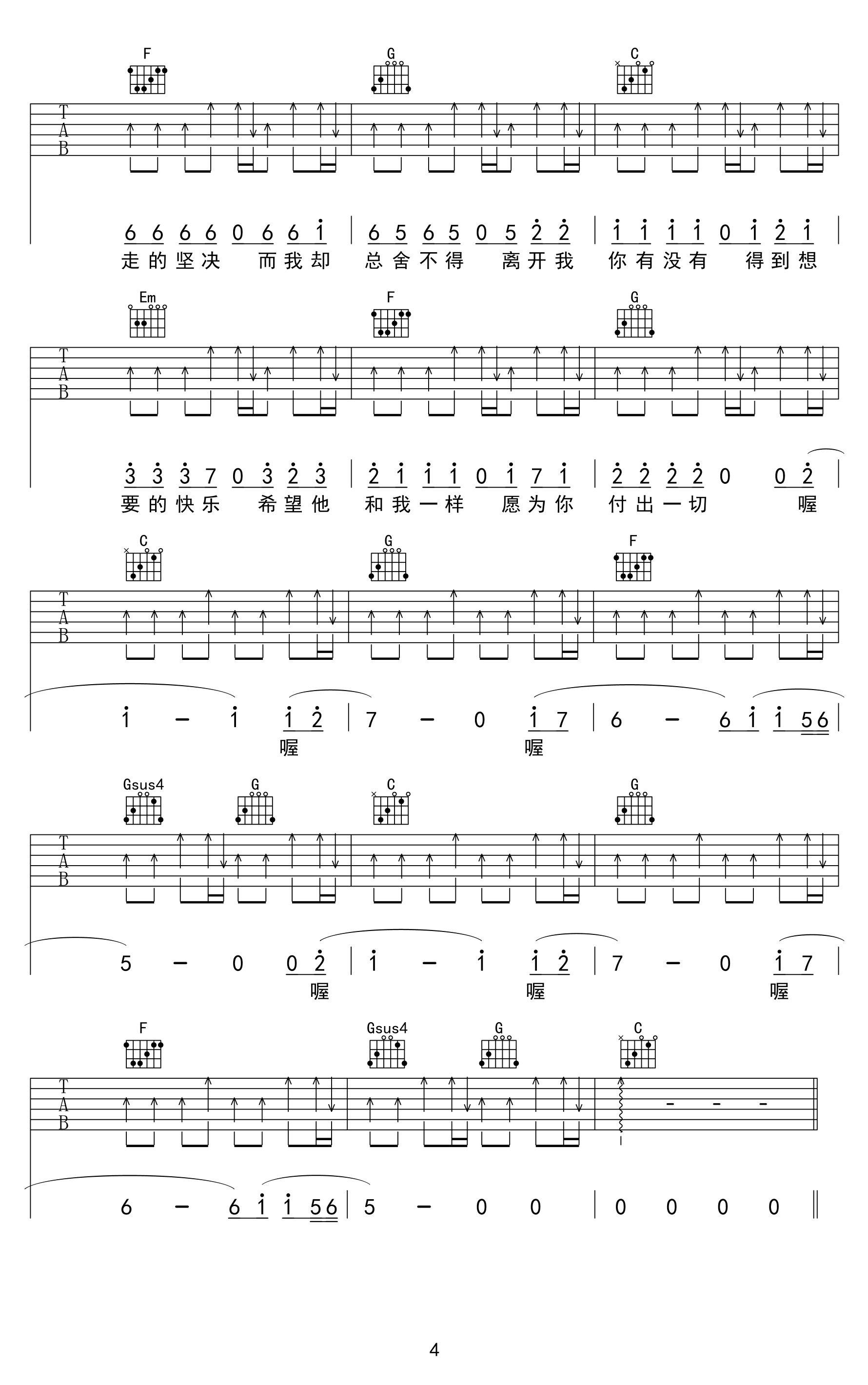 虎二《离开我你快乐吗》吉他谱_C调指法扫弦版 虎二《离开我你快乐吗》吉他谱_C调指法扫弦版