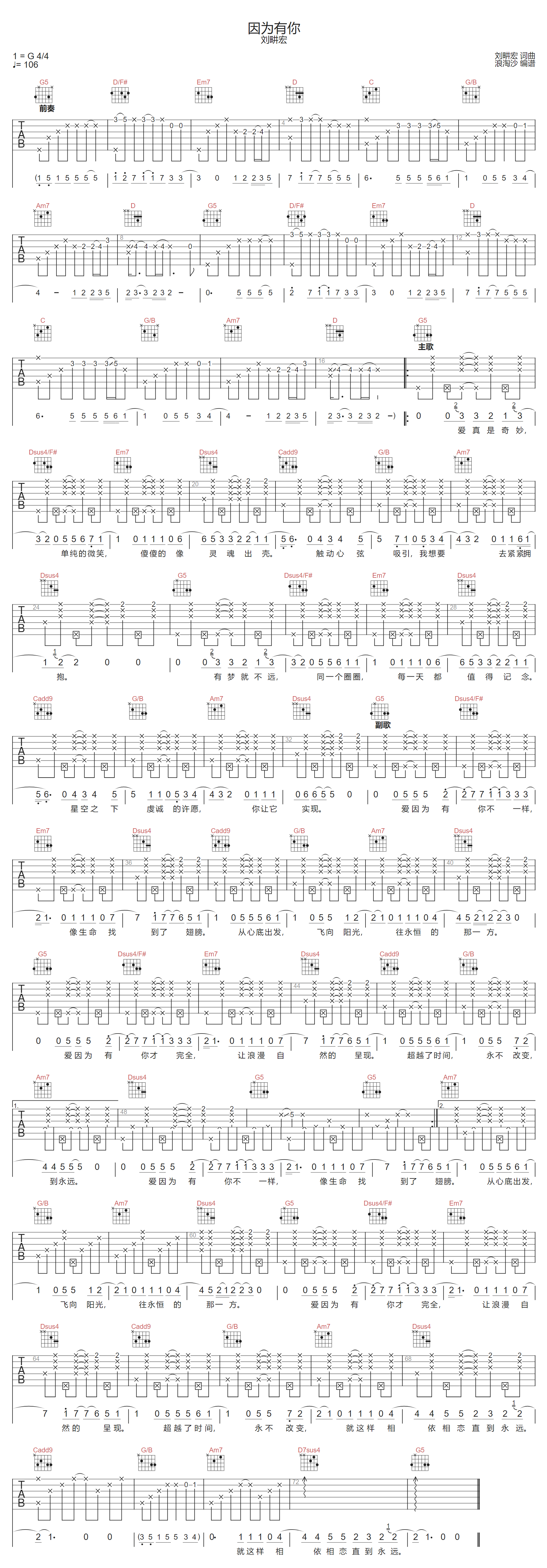 刘畊宏《因为有你》吉他谱_G调指法原版弹唱谱