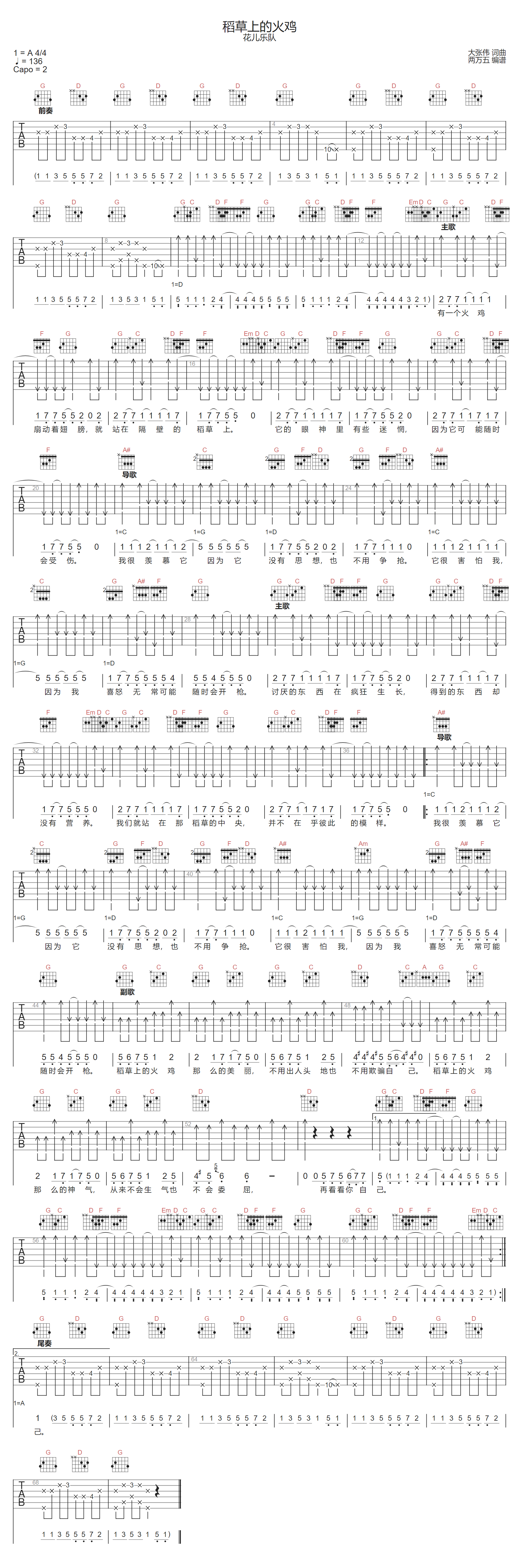 花儿乐队《稻草上的火鸡》吉他谱_G调扫弦版