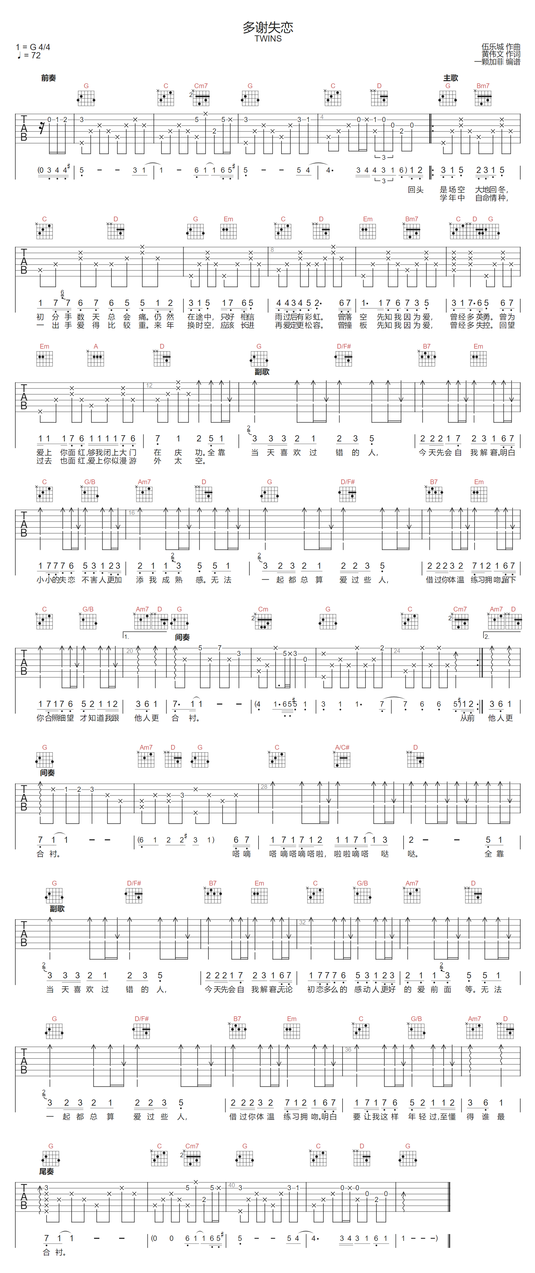 Twins《多谢失恋》吉他谱_G调指法原版弹唱谱