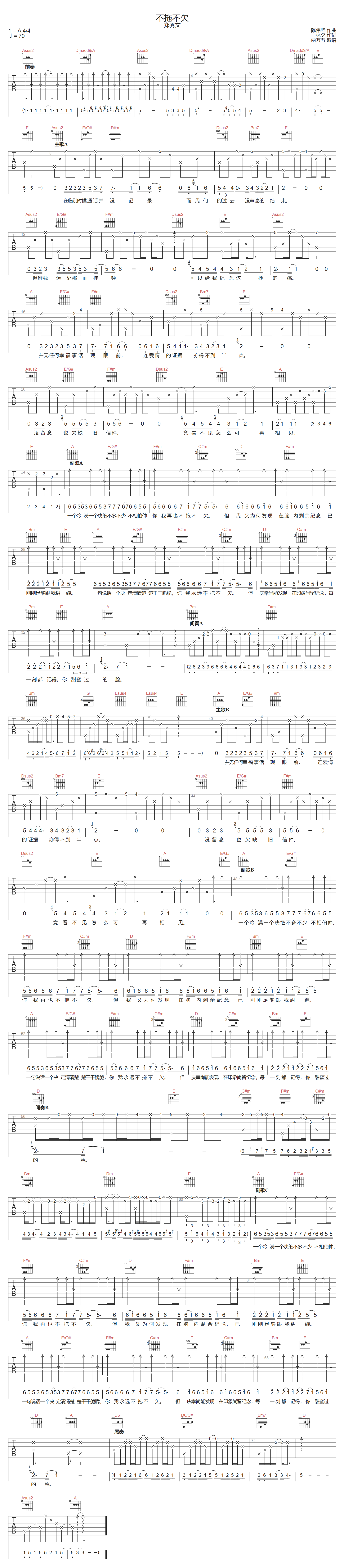 郑秀文《不拖不欠》吉他谱_A调指法原版弹唱谱
