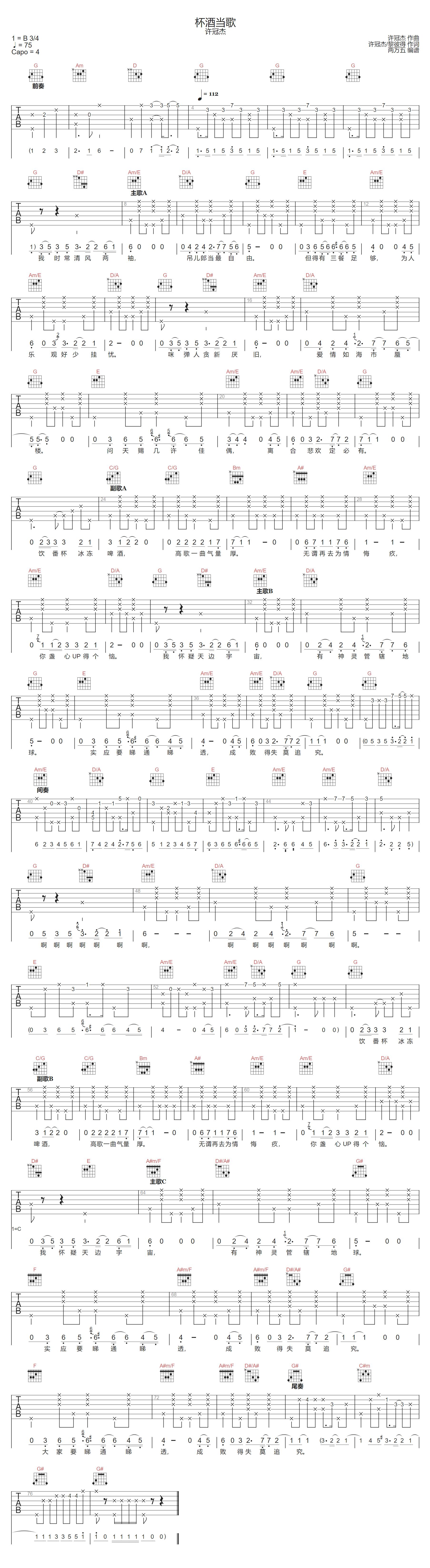 许冠杰《杯酒当歌》吉他谱_G调指法原版弹唱谱
