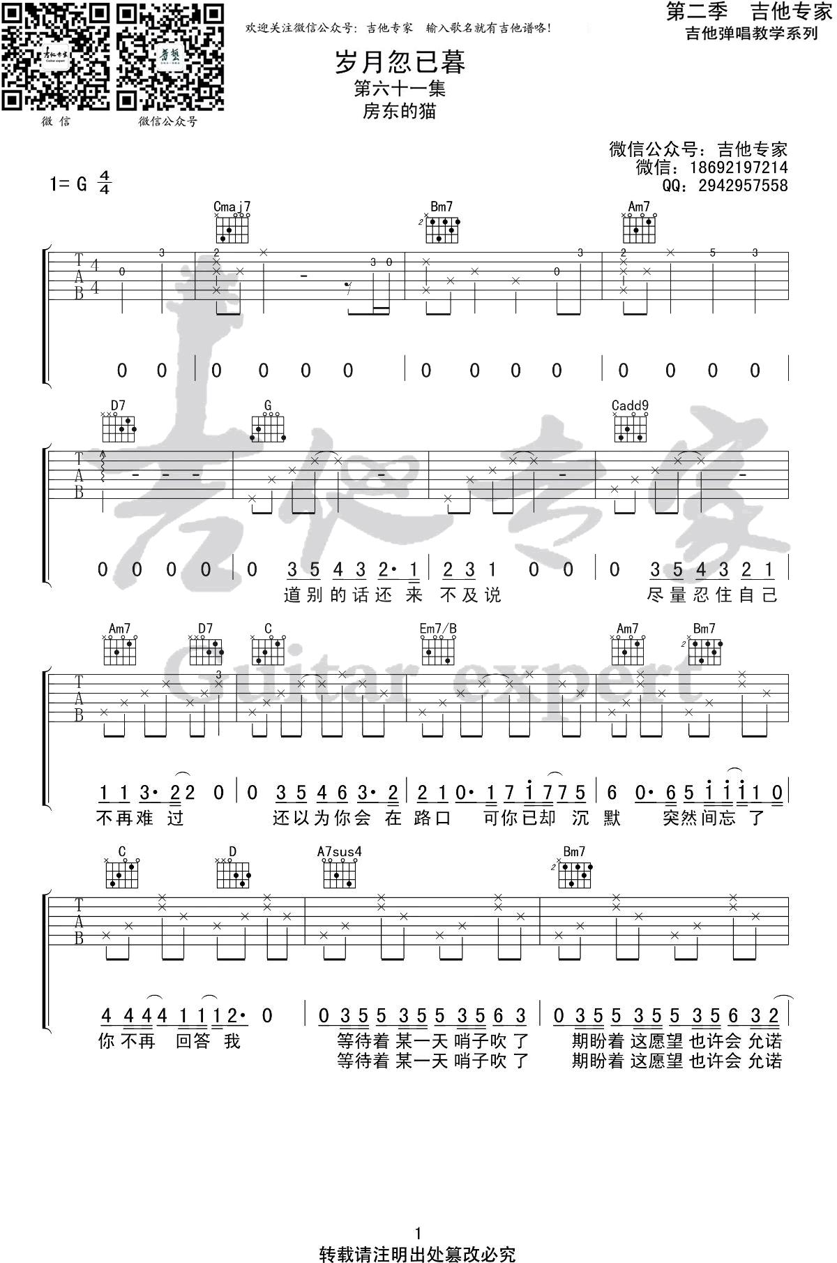房东的猫《岁月忽已暮》吉他谱_G调原版弹唱谱