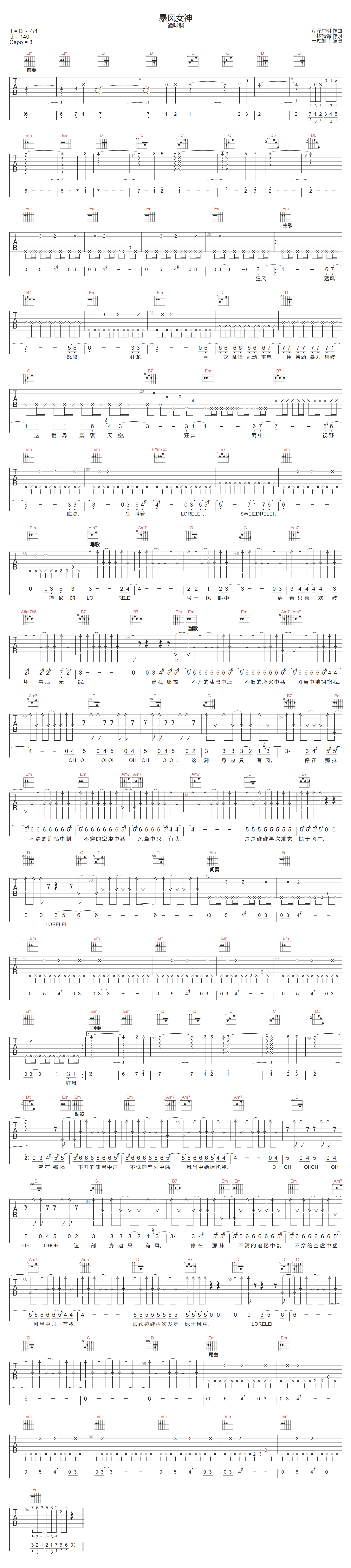谭咏麟《暴风女神》吉他谱_G调指法原版弹唱谱