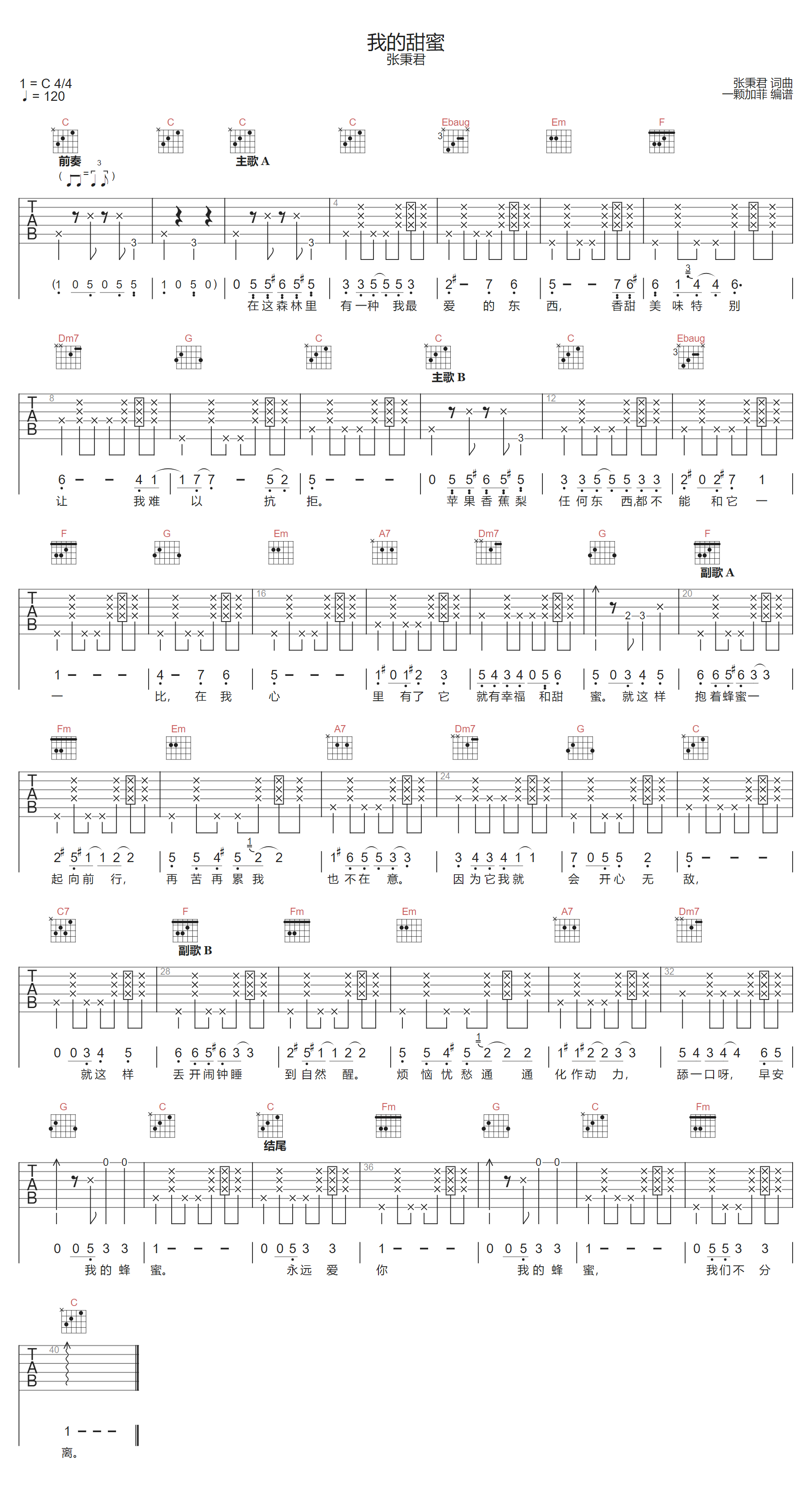 张秉君《我的甜蜜》吉他谱_C调指法拍弦版