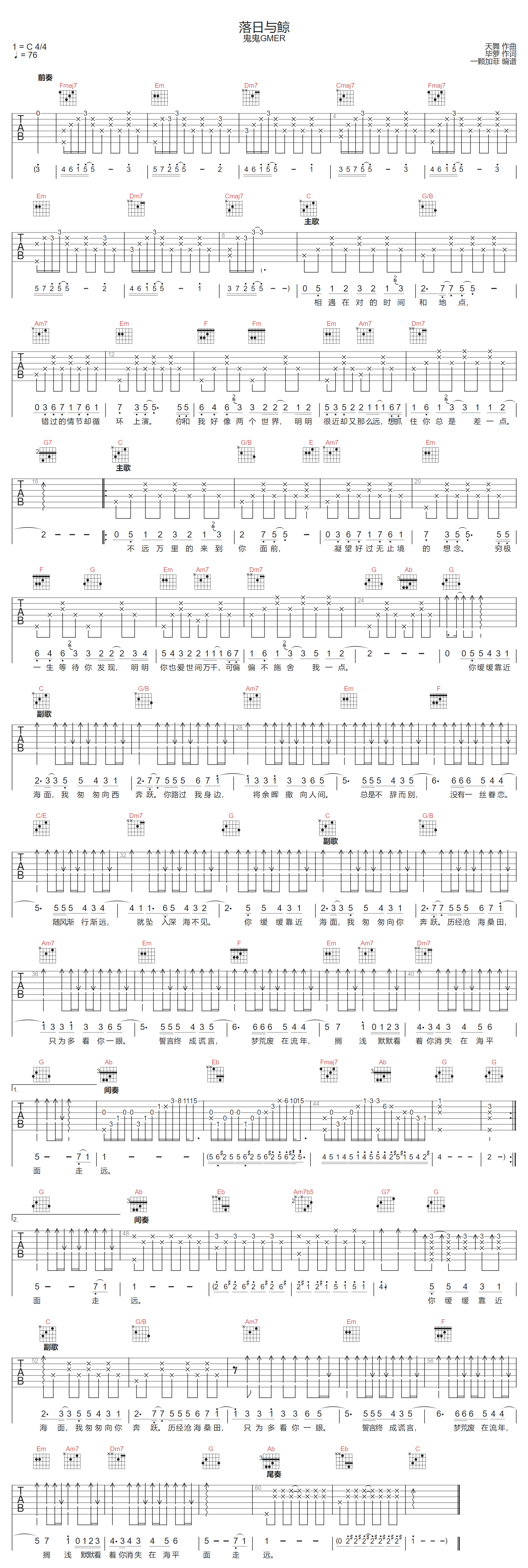 鬼鬼GMER《落日与鲸》吉他谱_C调原版弹唱谱