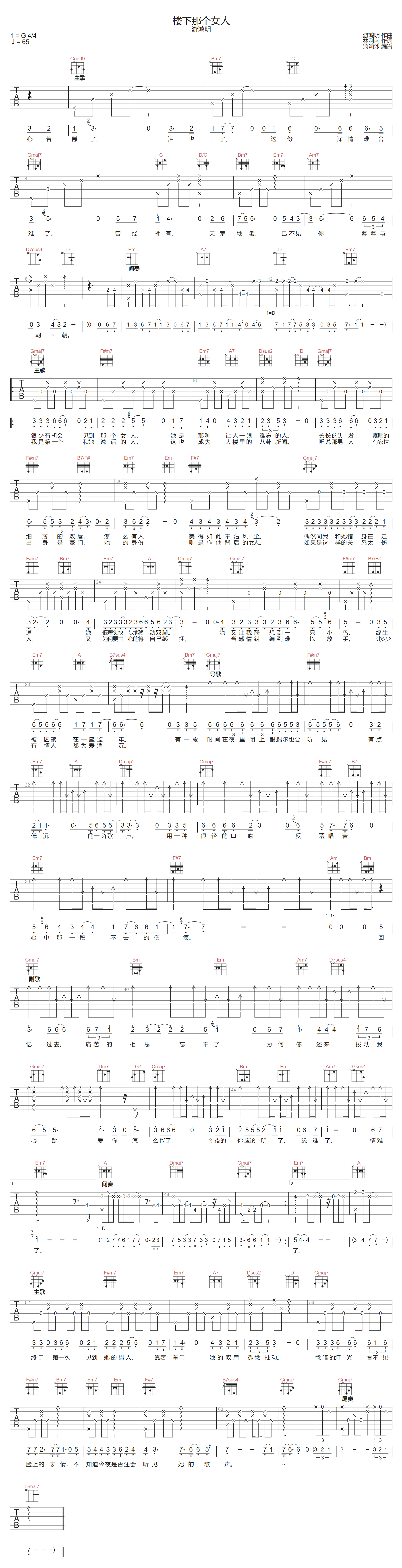 游鸿明《楼下那个女人》吉他谱_G调指法弹唱谱