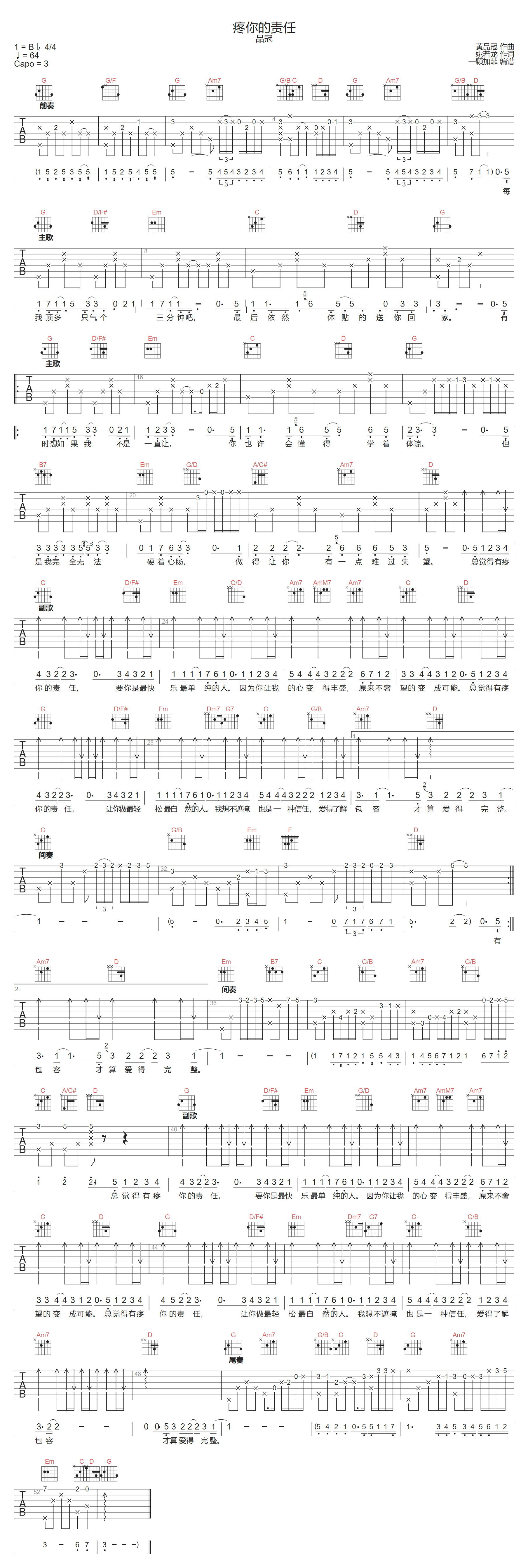 品冠《疼你的责任》吉他谱_G调指法原版弹唱谱 品冠《疼你的责任》吉他谱_G调指法原版弹唱谱
