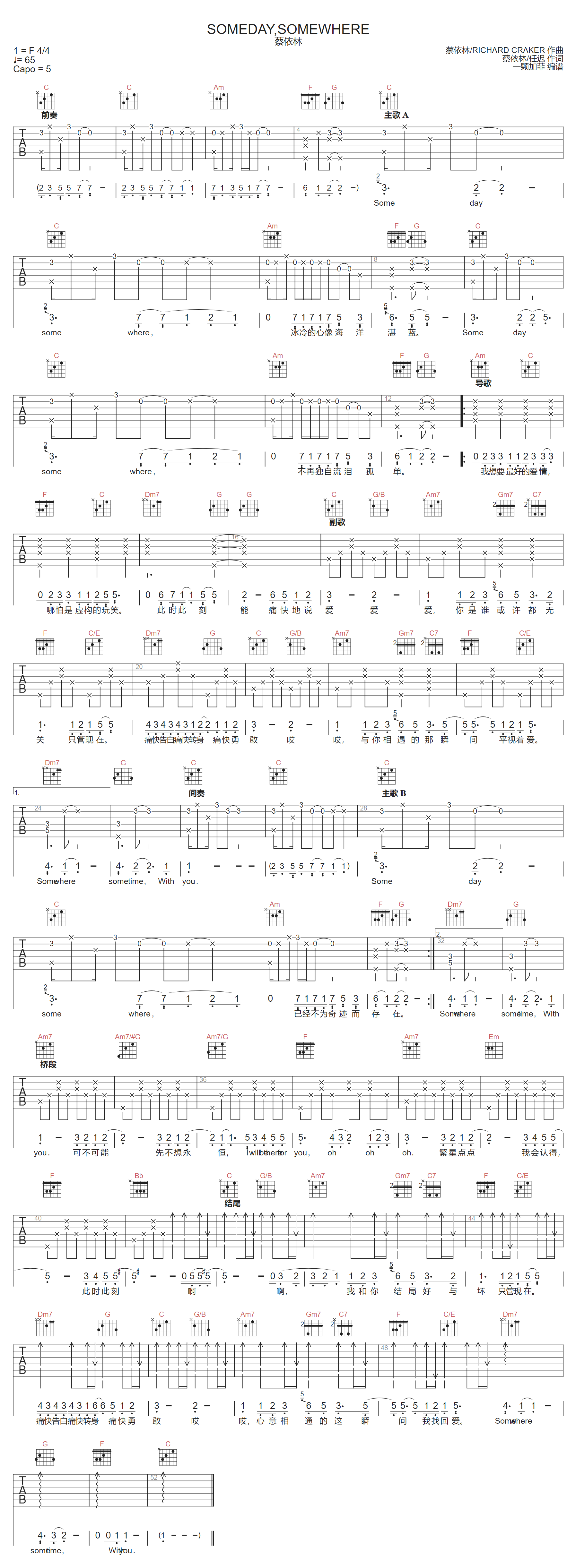 蔡依林《Someday Somewhere》吉他谱_C调指法原版弹唱谱