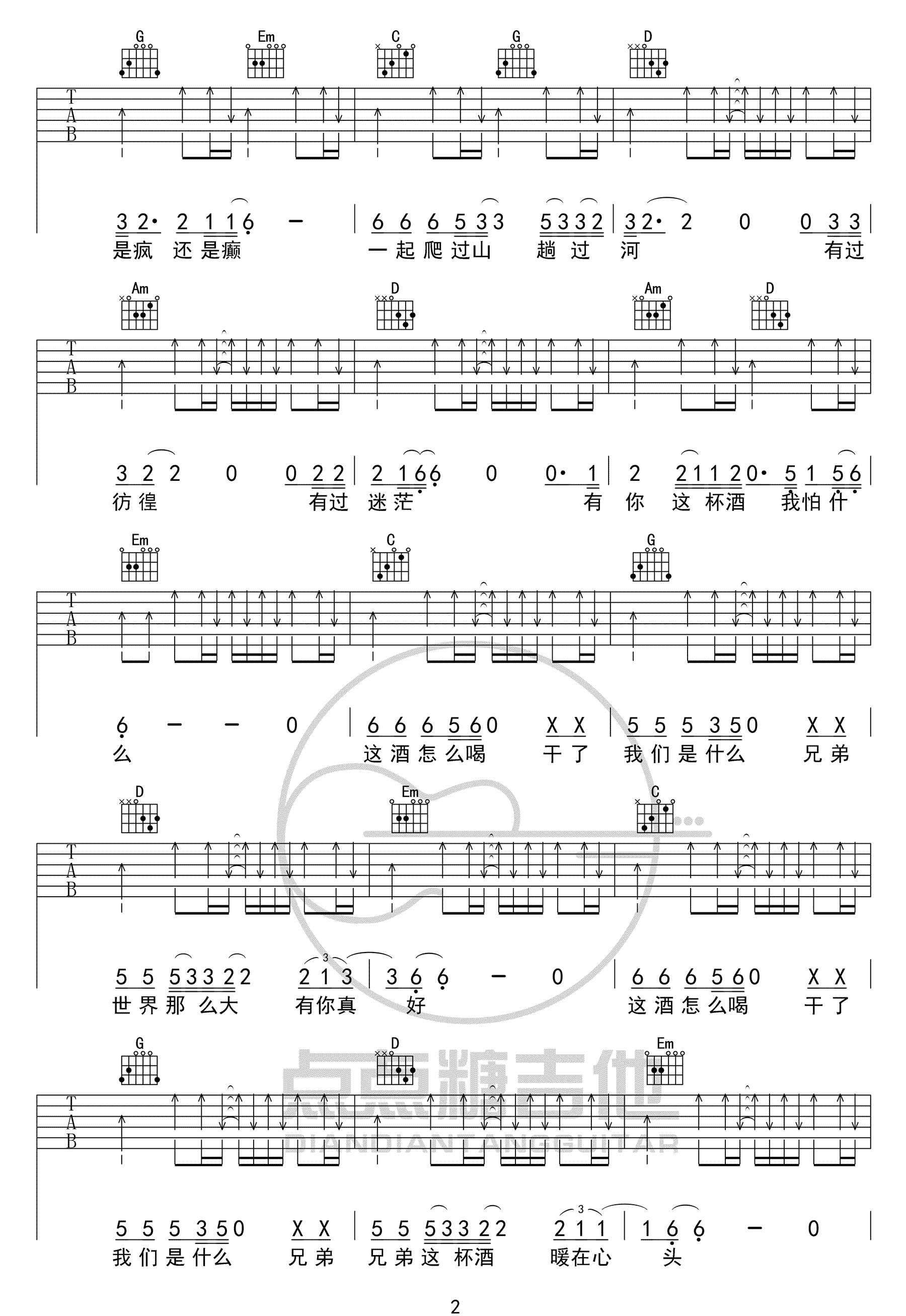 王旭《这酒怎么喝》吉他谱_G调指法扫弦版