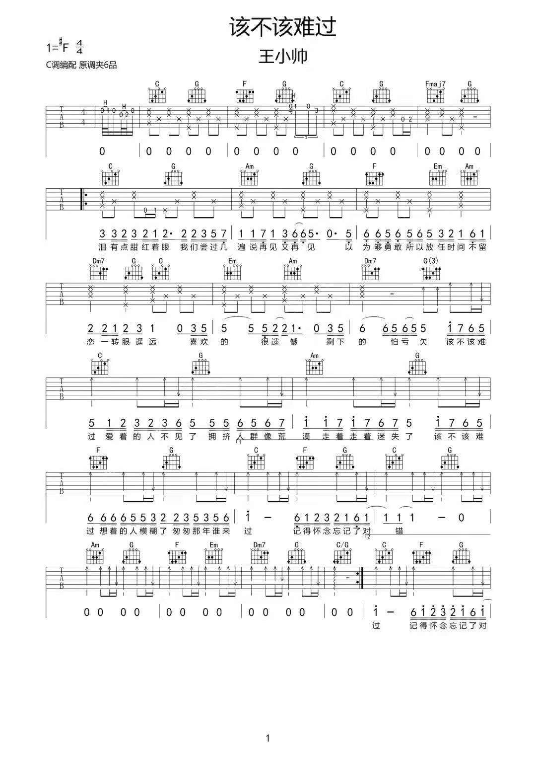 王小帅《该不该难过》吉他谱_C调原版弹唱谱