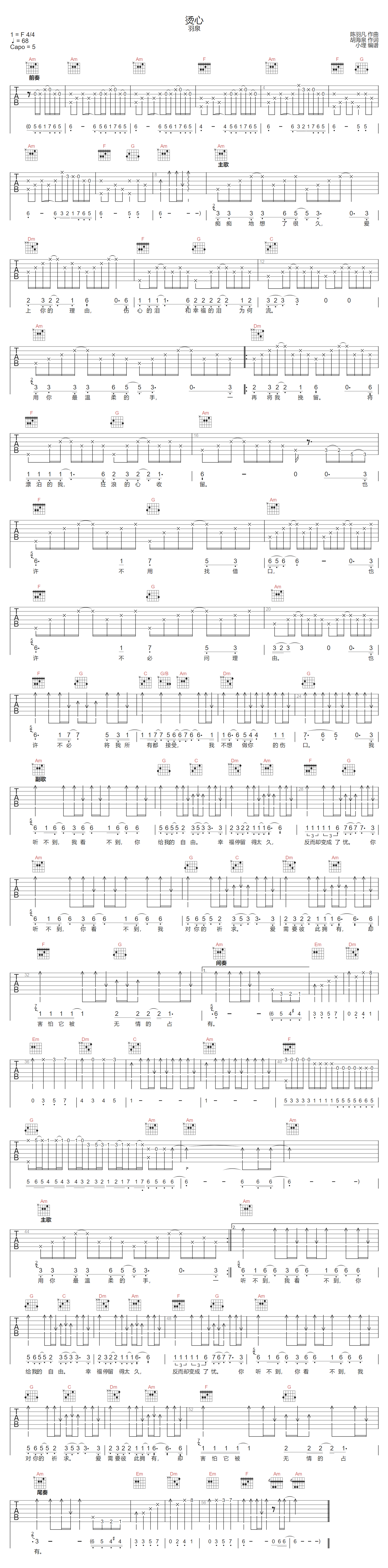 羽泉《烫心》吉他谱_C调指法原版弹唱谱 羽泉《烫心》吉他谱_C调指法原版弹唱谱