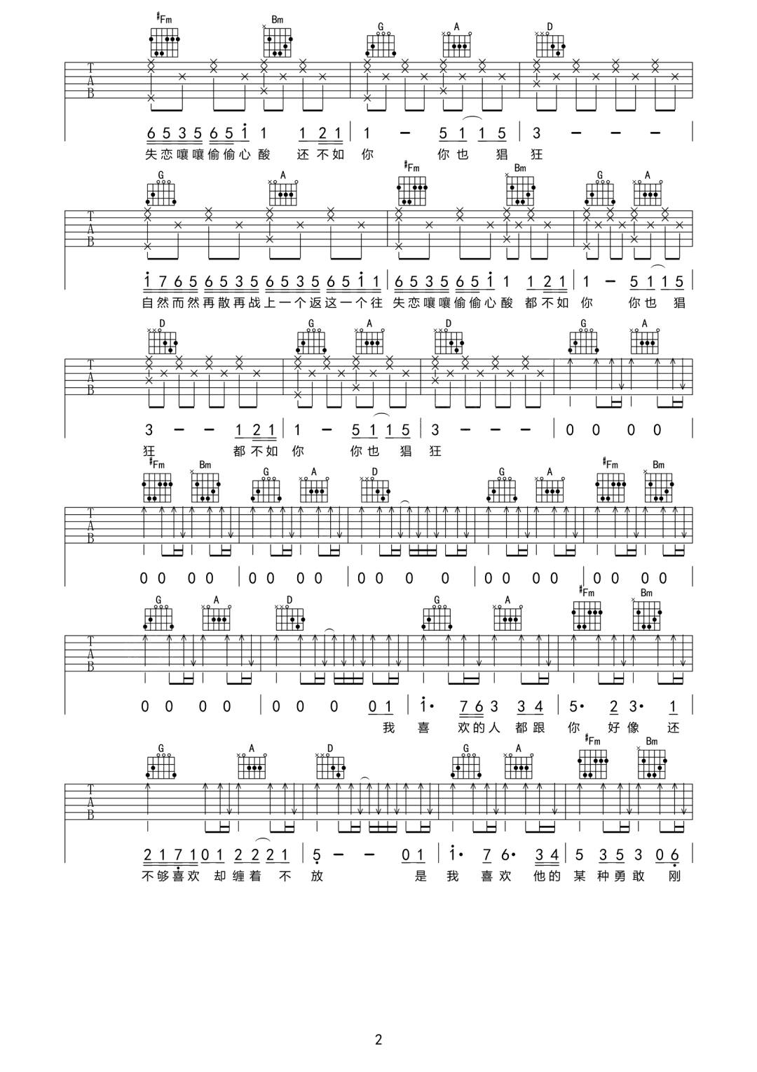 黄恺《我喜欢的人都跟你好像》吉他谱_D调指法