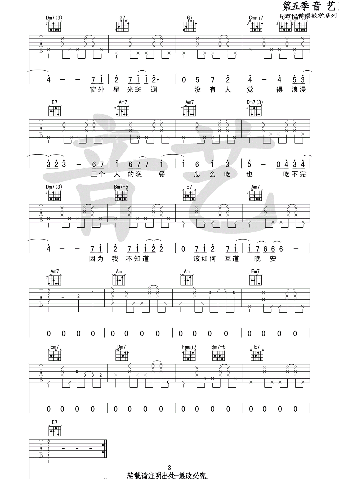 王若琳/黄韵玲《三个人的晚餐》吉他谱_C调指法 王若琳/黄韵玲《三个人的晚餐》吉他谱_C调指法