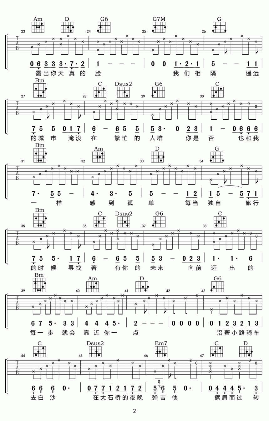 靳松《独自旅行》吉他谱_G调指法原版弹唱谱