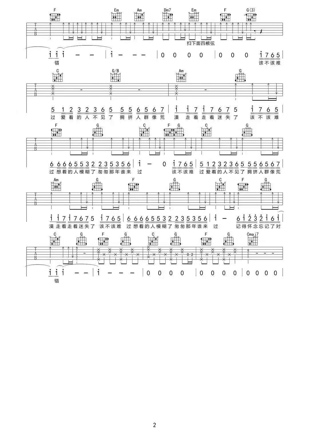 王小帅《该不该难过》吉他谱_C调原版弹唱谱