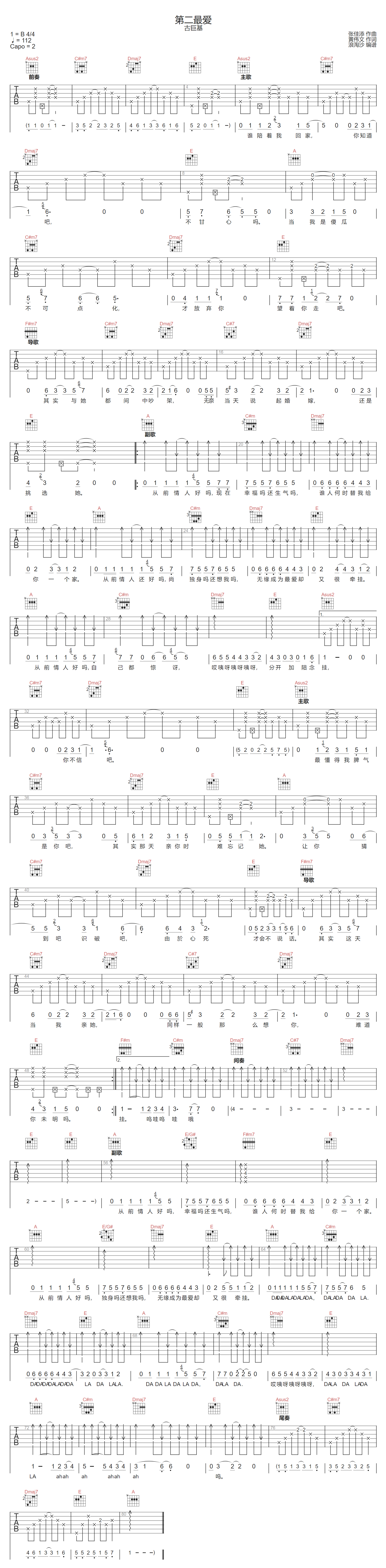 古巨基《第二最爱》吉他谱_A调指法原版弹唱谱