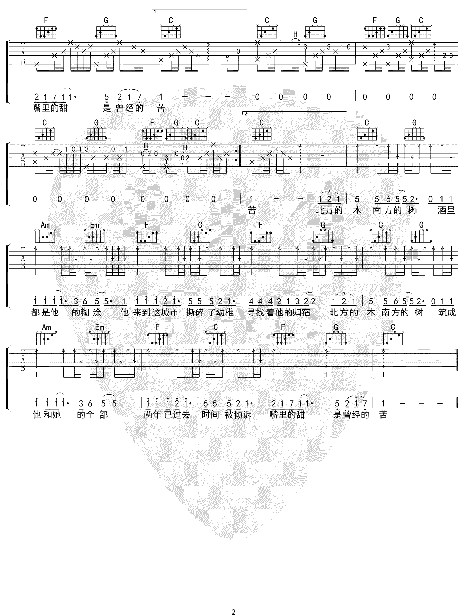 小嘉玲《北木南》吉他谱_C调指法原版弹唱谱