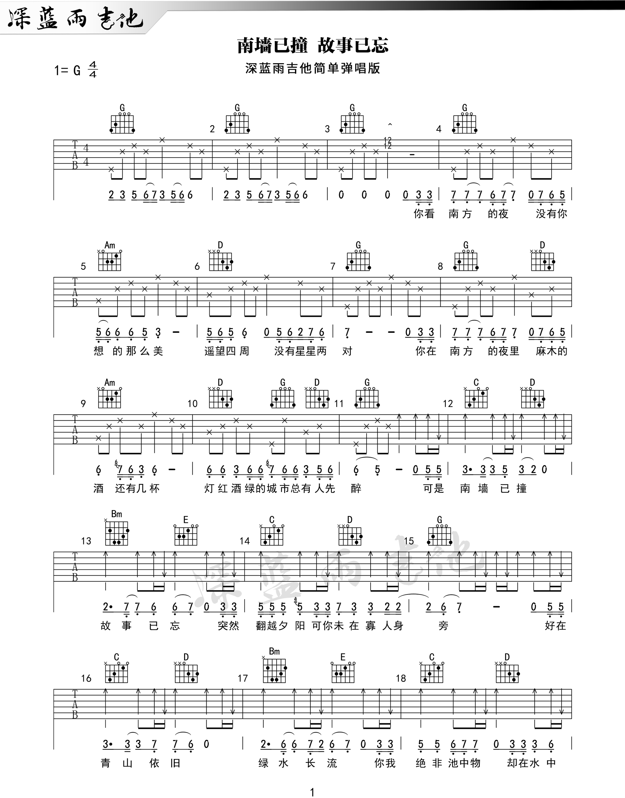 林启得《南墙已撞故事已忘》吉他谱_G调指法