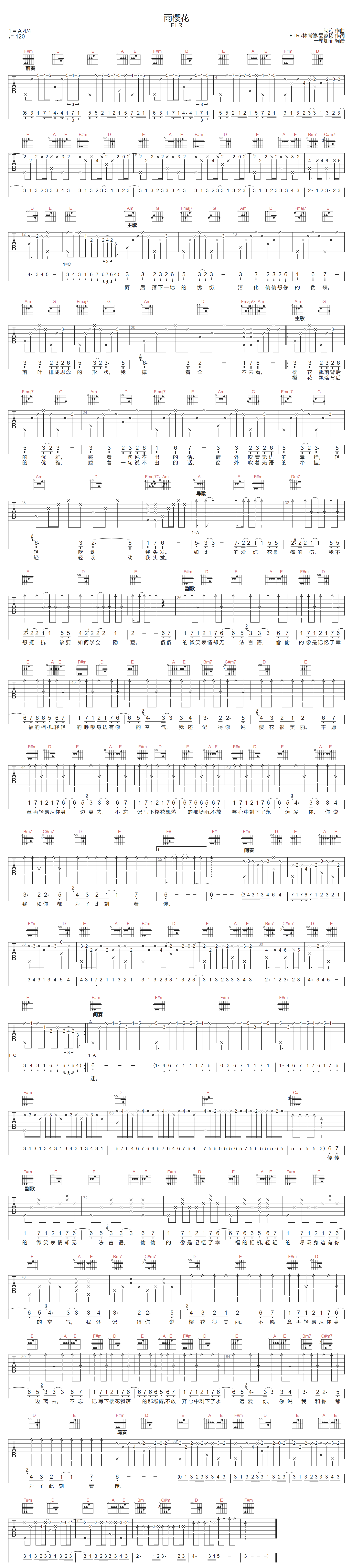 F.I.R飞儿乐团《雨樱花》吉他谱_A调原版弹唱谱 F.I.R飞儿乐团《雨樱花》吉他谱_A调原版弹唱谱