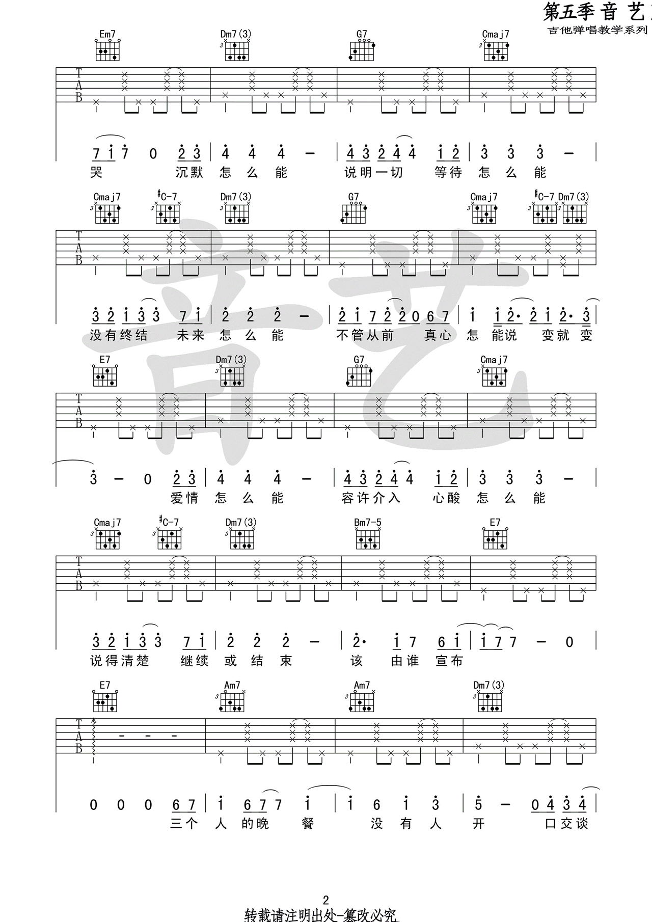 王若琳/黄韵玲《三个人的晚餐》吉他谱_C调指法 王若琳/黄韵玲《三个人的晚餐》吉他谱_C调指法