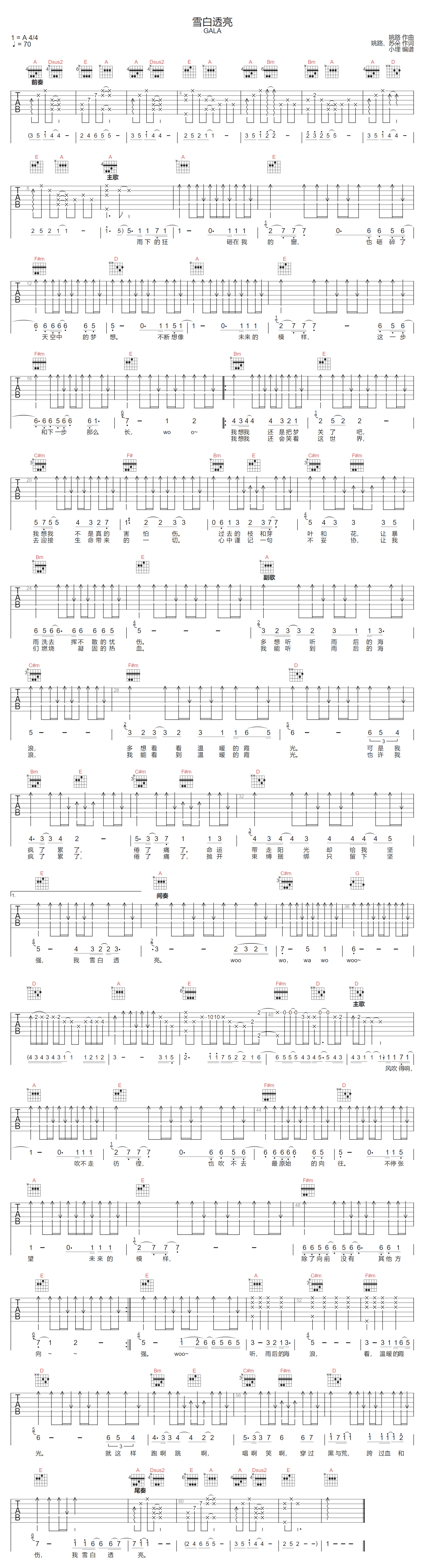 GALA《雪白透亮》吉他谱_A调指法原版弹唱谱 GALA《雪白透亮》吉他谱_A调指法原版弹唱谱