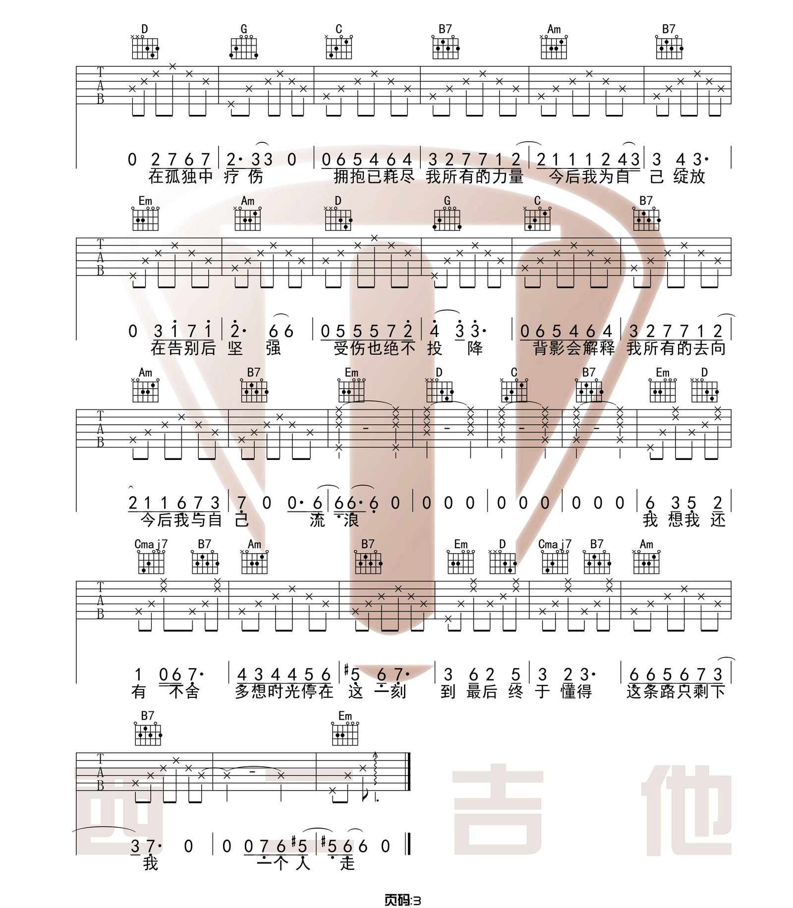 张碧晨《今后我与自己流浪》吉他谱_G调指法 张碧晨《今后我与自己流浪》吉他谱_G调指法