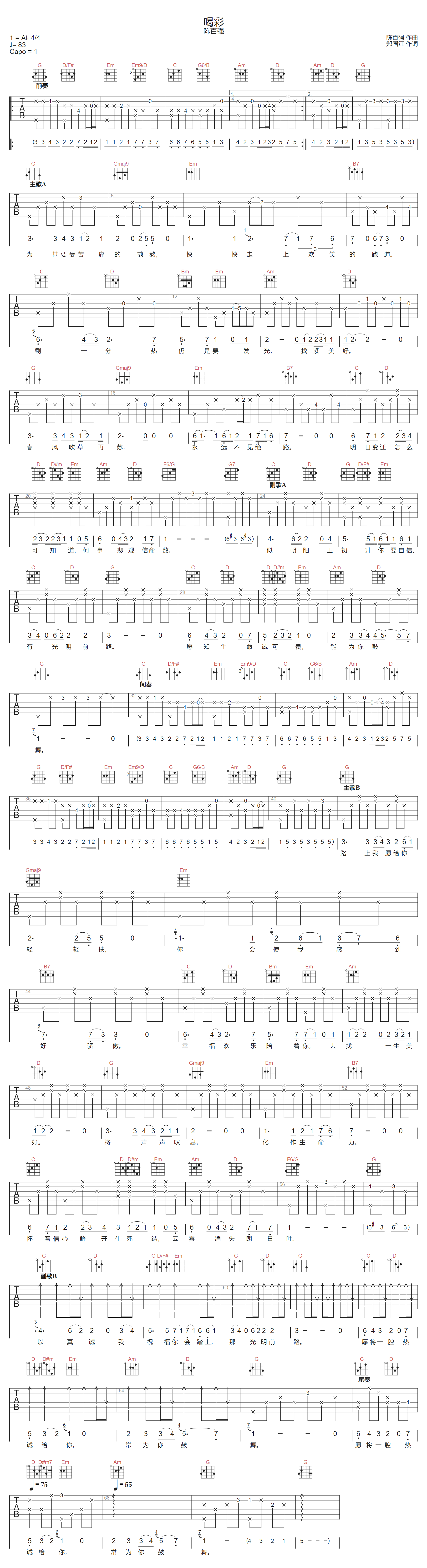 陈百强《喝彩》吉他谱_G调指法原版弹唱谱