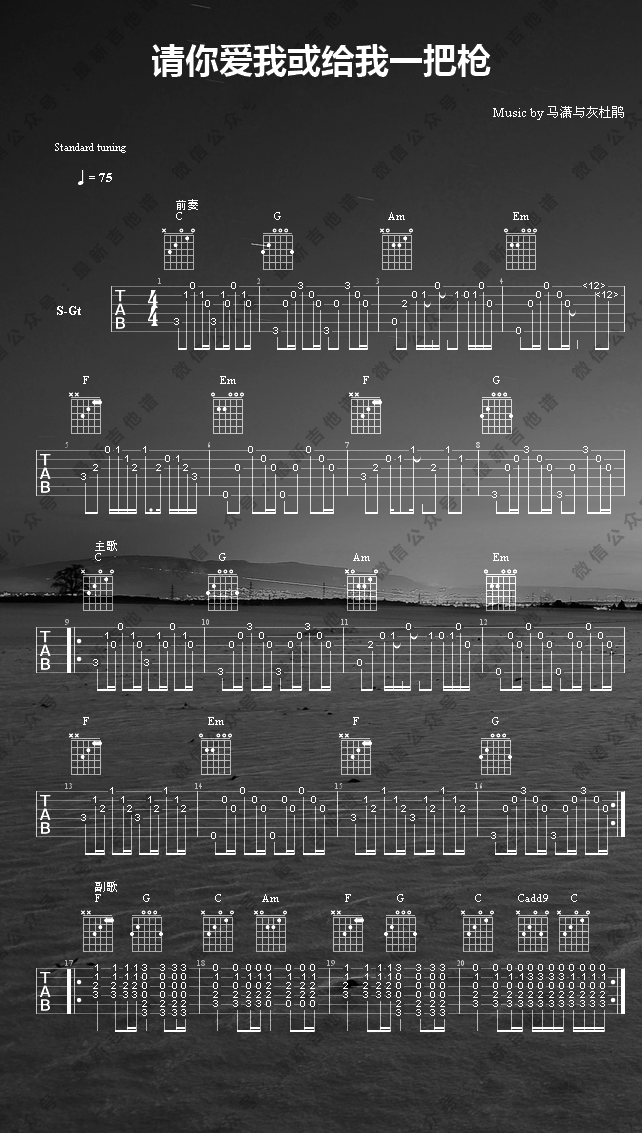 马潇与灰杜鹃《请你爱我或给我一把枪》吉他谱_C调原版弹唱谱