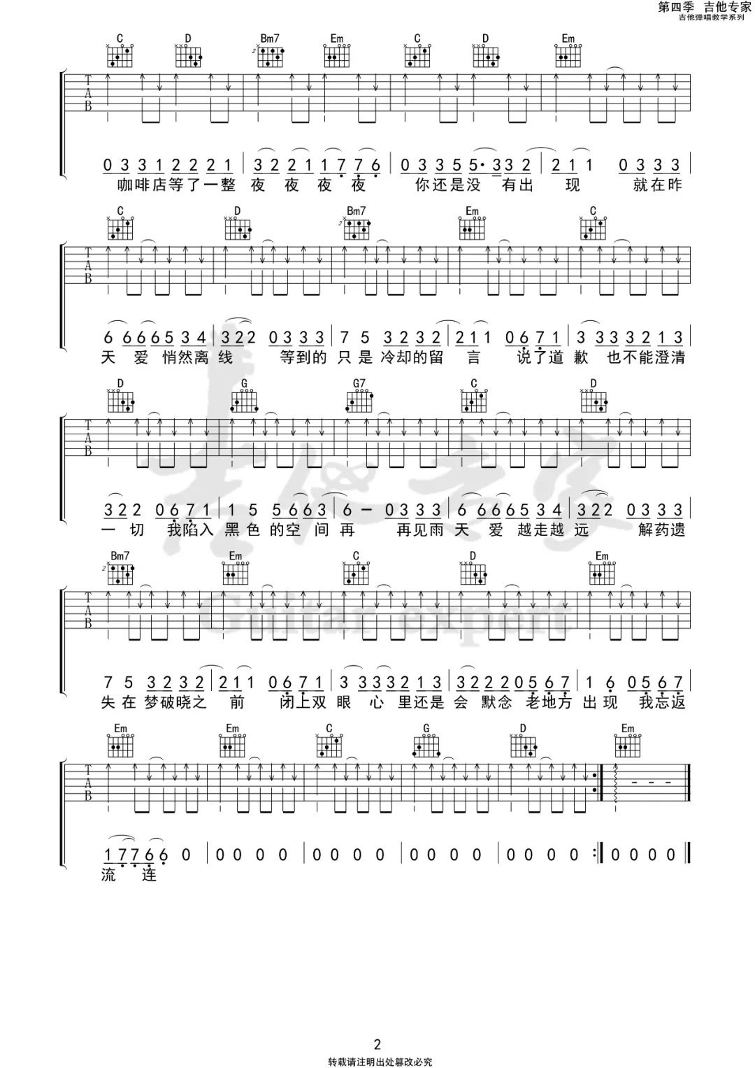 来一碗老于《解药》吉他谱_G调指法扫弦版